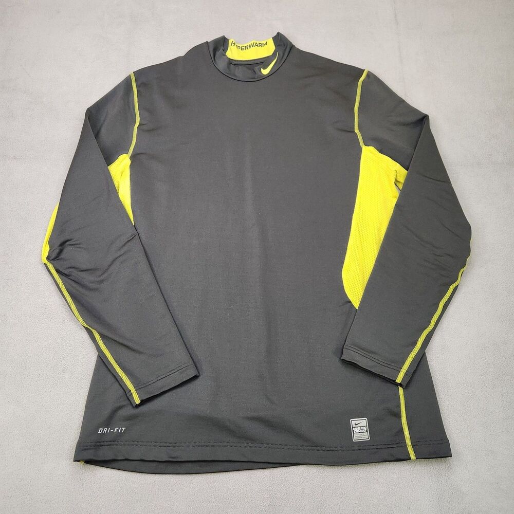 Nike Pro Combat Shirt Men's‎ XL Gray Yellow Long Sleeve Fitted Dri-Fit Hyperwarm